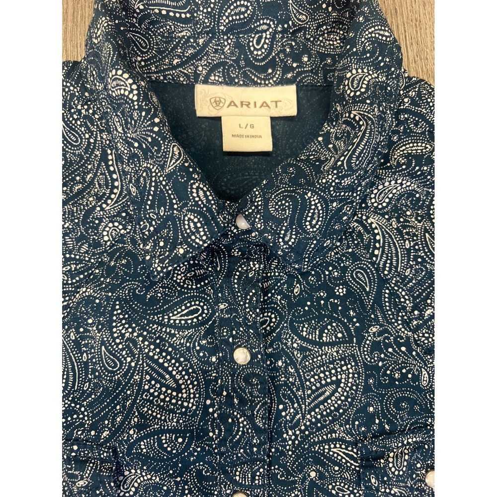 Ariat Womens Navy Blue White Paisley Snap Front Western Shirt Long Sleeve L